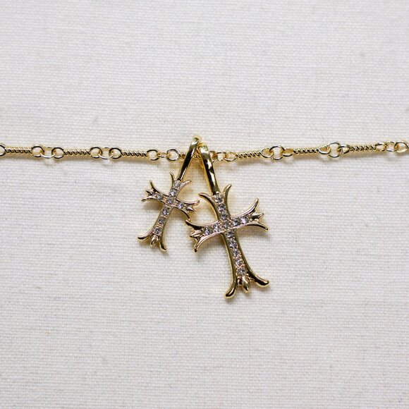 gold double cross dimond stone pendant necklace - Picture 7 of 11